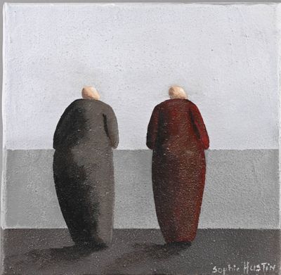 painting of two people standing next to each other in front of a white wall