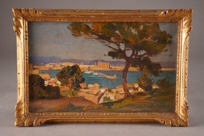 an oil painting of a landscape with a tree and a body of water