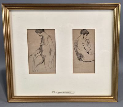 two framed drawings of a man and a woman sitting in a chair