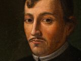 a painting of a man with a mustache wearing a black coat