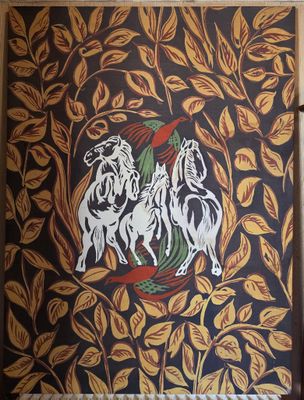 an image of a painting of two horses on a black background
