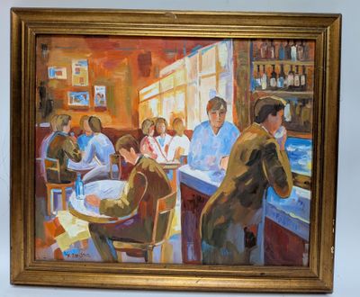 painting of a group of people sitting at a table in a restaurant