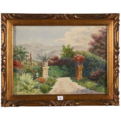 une peinture à l'huile représentant une scène de jardin avec un portail et des fleurs