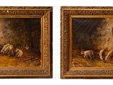 une paire de peintures à l'huile représentant des moutons dans une étable, réalisées par un homme