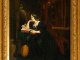 a painting of a woman sitting in a chair reading a book