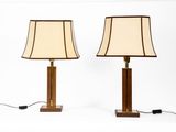 paire de lampes de table en laiton avec abat-jours, montées sur des pieds en bois