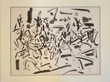 a black and white picture of a painting on a wall
