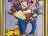 a painting of flowers in a blue vase on a table