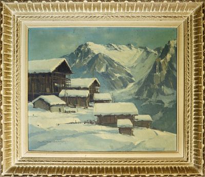 une image représentant un tableau d'un paysage de montagne enneigé avec une cabane au premier plan