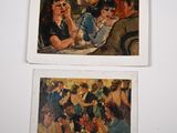 two paintings of people sitting at a table in a restaurant