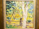 une peinture à l'huile représentant un arbre dans une forêt, avec des feuilles jaunes et vertes
