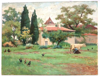 a painting of a cow and chickens in a field