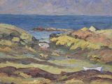 painting of a view of the ocean with a boat in the foreground