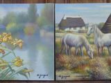 deux tableaux représentant des chevaux dans un champ, avec une maison en arrière-plan