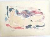 tableau représentant une femme nue allongée sur un lit, les jambes croisées