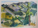 an image of a painting of a mountain scene with trees