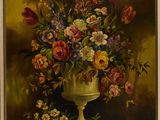 a painting of a vase of flowers on a table