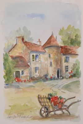 a watercolor painting of a house with a wheelbarrow in front of it