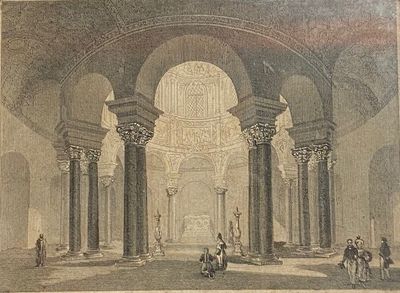 a drawing of a large room with columns and a ceiling
