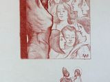 une image représentant un dessin d'un homme tenant un couteau devant un groupe de personnes