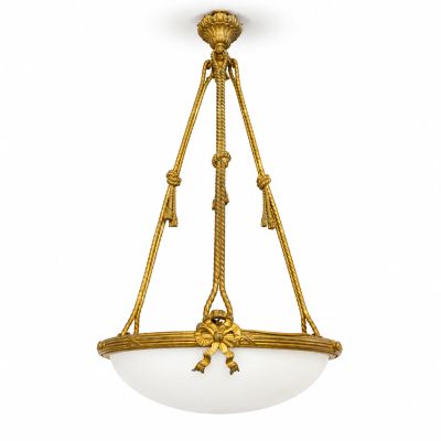 a gold and white glass hanging light fixture