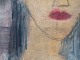 painting of a woman ' s face with a red lipstick