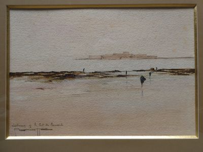 a picture of a painting of people walking on the beach