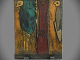 peinture représentant deux poissons sur un socle en bois, sur fond gris