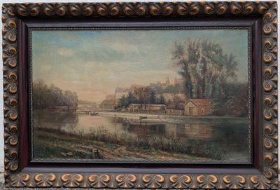 une peinture à l'huile représentant une scène fluviale avec des maisons et un pont