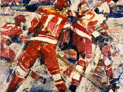 tableau représentant un match de hockey en cours, avec le gardien de but s'apprêtant à frapper la rondelle