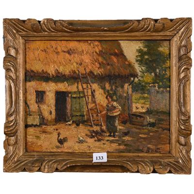 une peinture à l'huile représentant une scène de vie à la ferme avec des poules et un homme sur une échelle