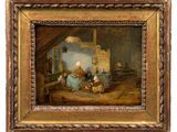 an old painting of a family in a living room with a fireplace