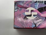 purple and black wallet with a picture of a woman holding a guitar on it