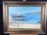 an oil painting of a beach scene with people on the sand