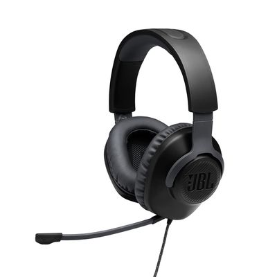 Les écouteurs JBL sont noirs et sont équipés d'un microphone intégré.