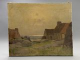 un vieux tableau représentant une scène de vie à la campagne, avec une maison au loin