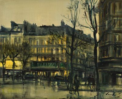 une peinture d'une rue de la ville avec des gens qui marchent dessus