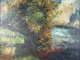 un tableau représentant un arbre au bord de l'eau, avec le ciel en arrière-plan