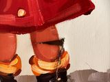 a painting of a little girl in a red dress and black boots