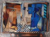 un tableau représentant le visage d'une femme et celui d'un homme posés sur une table