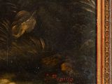 an oil painting of a man with a dog and a bird in a landscape