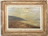 an oil painting of a beach scene with a boat in the distance
