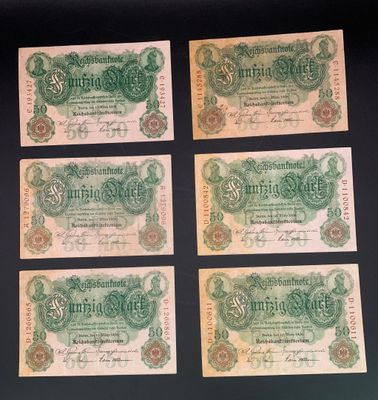 six old german bank notes with a green and white design