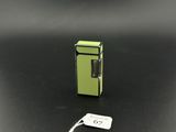 a small green refrigerator with a tag on it
