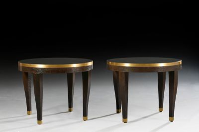 pair of round side tables with brass bases