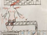 drawing of a person standing in front of a stove with a bottle of wine on top of it