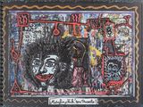 tableau représentant une femme et un homme, dans un cadre noir orné de graffitis