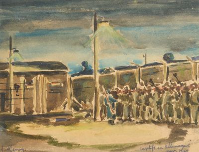 un tableau représentant un groupe de personnes debout devant un train