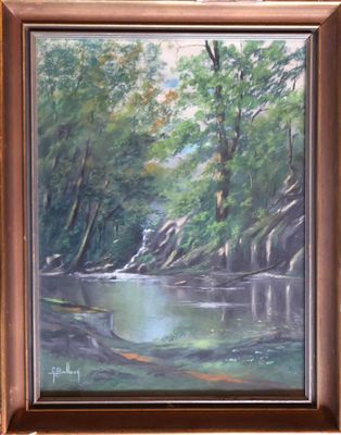 peinture représentant une rivière dans un paysage boisé, avec des arbres et des rochers