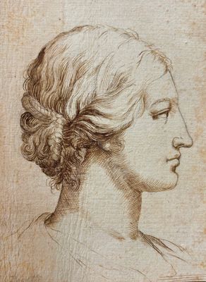a drawing of a woman ' s profile with her hair in a bun